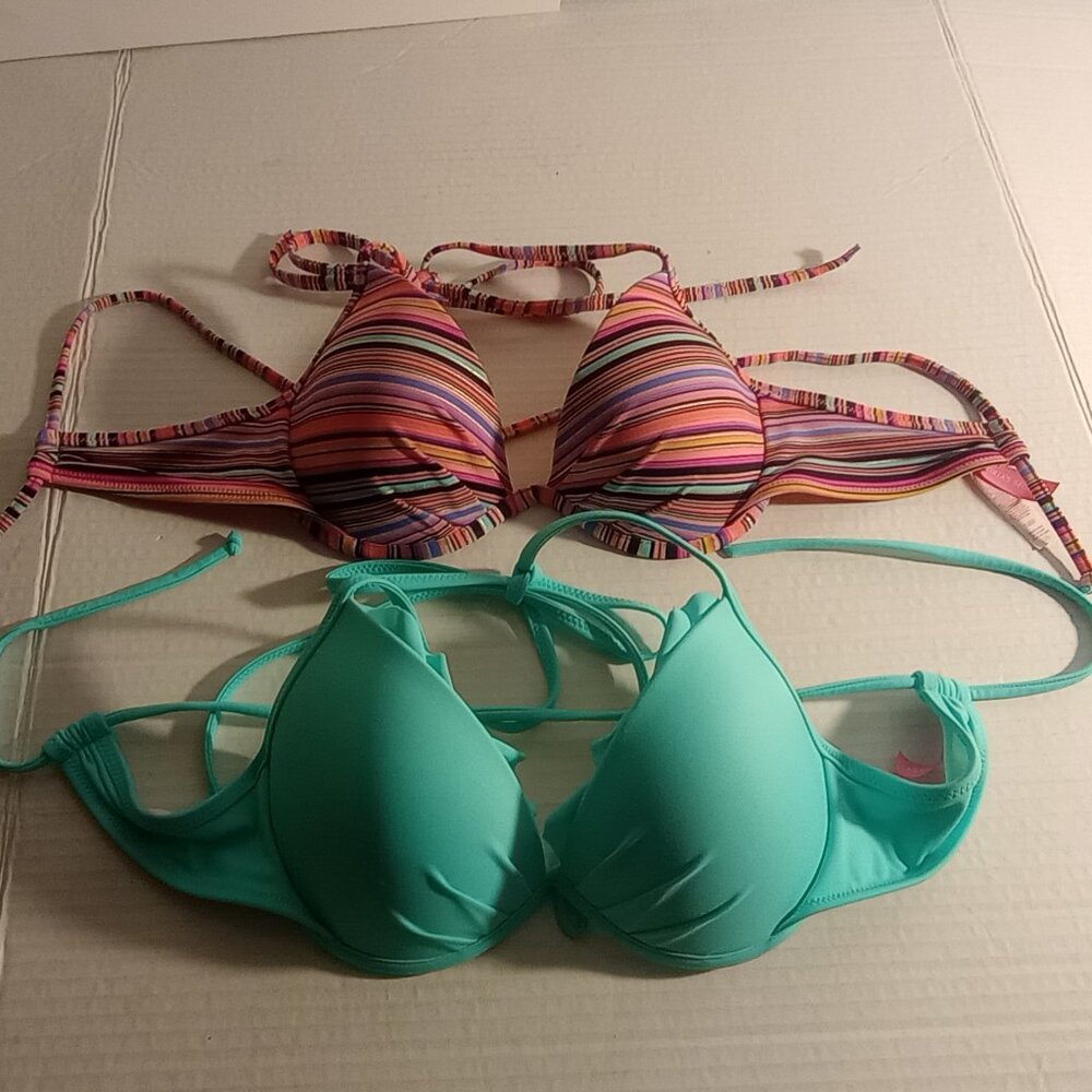 Victoria's Secret Bikini Tops The Fabulous Halter VS Swim Tops 32B Stripes/Teal